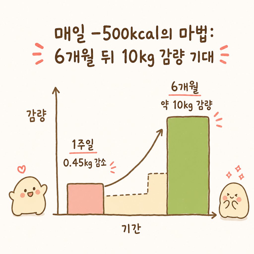 简单的柱状图。显示每日减少500kcal时,“1周后脂肪减少0.45kg” $\rightarrow$ “6个月后减重约10kg”的上升曲线或阶梯状柱状图