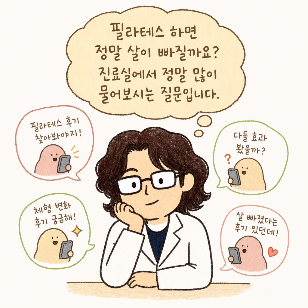 인자한 인상의 의사 캐릭터가 진료실에서 턱을 괴고 고민하는 표 정으로 등장. 배경에는 스마트폰으로 필라테스 후기를 검색하는 말풍선들이 떠다 니는 모습.