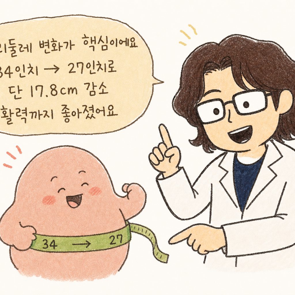 백록담 한의원 원장이 환자 상담 중 허리둘레 측정 결과를 함께 확인하는 장면 — 환자 표정에서 만족감과 회복된 활력이 드러남, 원장의 설명하는 제스처