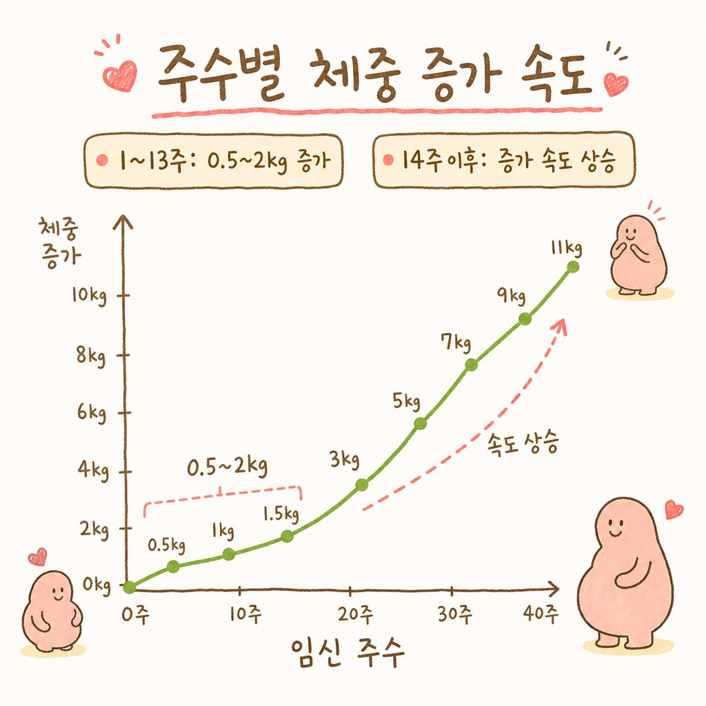 임신 주수에 따른 체중 증가 흐름을 보여주는 단순한 꺾은선 그래프. 1삼분기(완만한 상승)와 2-3삼분기(가파른 상승)의 차이를 시각화