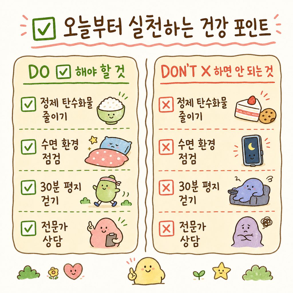 오늘부터 실천할 수 있는 건강 습관 체크리스트. 정제 탄수화물 줄이기, 수면 환경 점검, 가벼운 산책, 전문가 상담 4가지 항목.