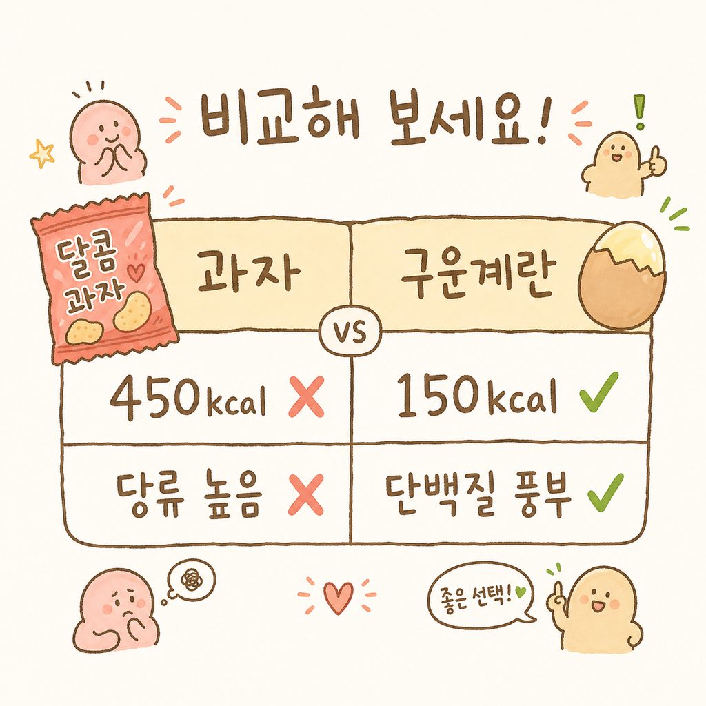 두 가지 편의점 간식의 영양성분표를 비교하는 표. 왼쪽은 고당분 과자, 오른쪽은 구운 계란으로 설정하여 칼로리와 당류의 차이를 시각화