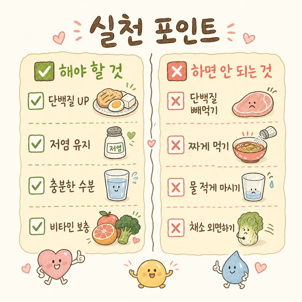 금지 음식과 권장 음식을 나누는 체크리스트. 왼쪽에는 ❌표시와 함께 빵, 설탕, 파스타 그림, 오른쪽에는 ✅표시와 함께 달걀, 생선, 샐러드 그림