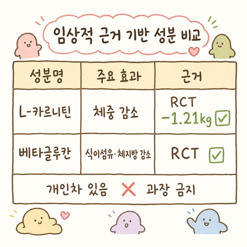 L-카르니틴과 베타글루칸의 특징을 비교한 깔끔한 표. 성분명, 주요 효과, 근거(RCT 등) 항목으로 구성