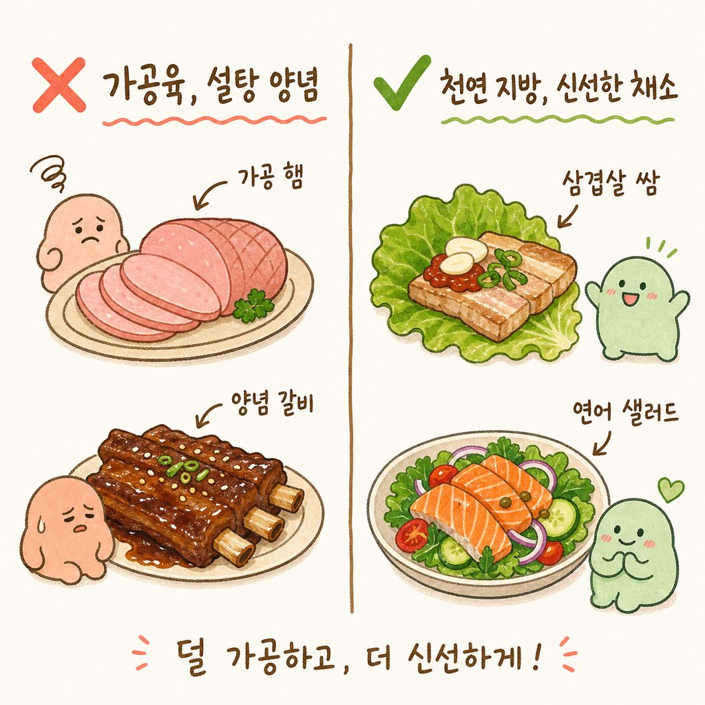 화면을 반으로 나누어 왼쪽(X)에는 가공 햄과 양념 갈비를, 오른쪽(O)에는 삼겹살 쌈과 연어 샐러드를 배치해 비교