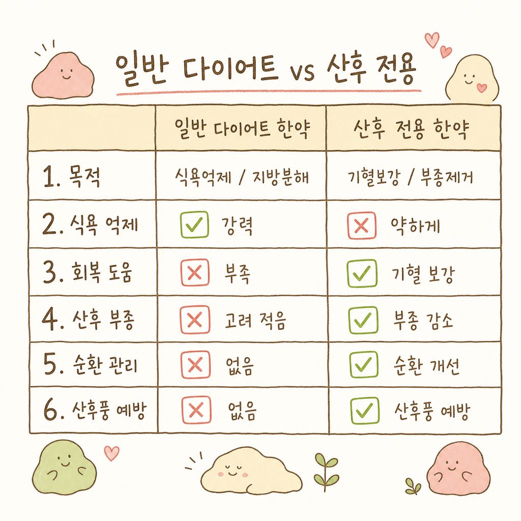 일반 다이어트 한약과 산후 전용 한약의 목적을 비교하는 표. 일반약은 '식욕억제/지방분해' 중심, 산후약은 '기혈보강/부종제거' 중심으로 대비.