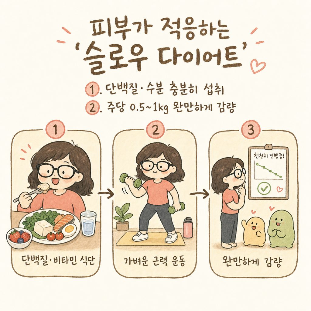 캐릭터가 실천하는 슬로우 다이어트 2단계 시퀀스. 1단계: 단백 질과 비타민이 풍부한 식단을 즐겁게 먹는 모습, 2단계: 가벼운 근력 운동을 하며 여유롭게 웃고 있는 모습