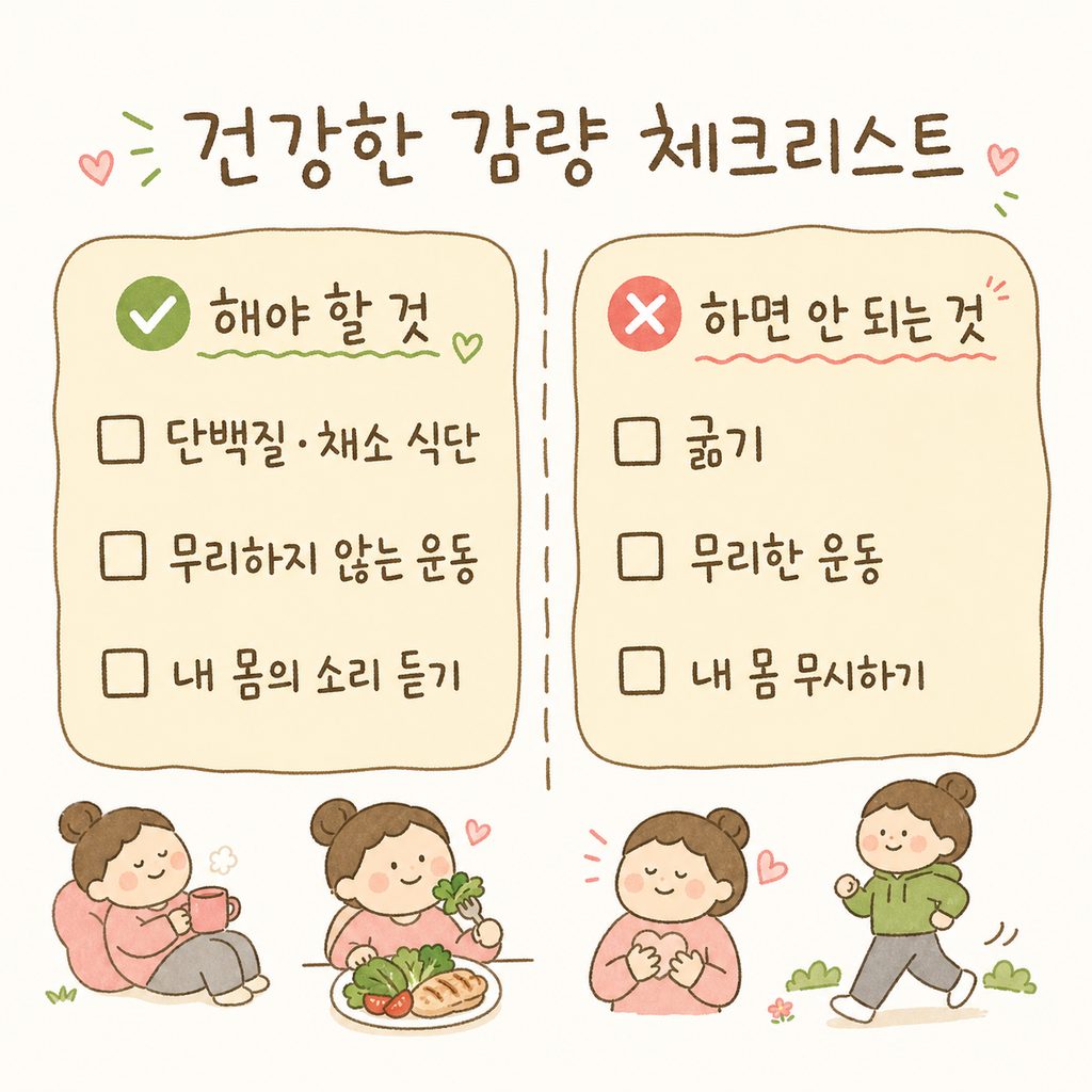 건강한 산후 감량을 위한 체크리스트. 양질의 단백질 섭취, 채소 위주 식단, 충분한 휴식, 적절한 활동량