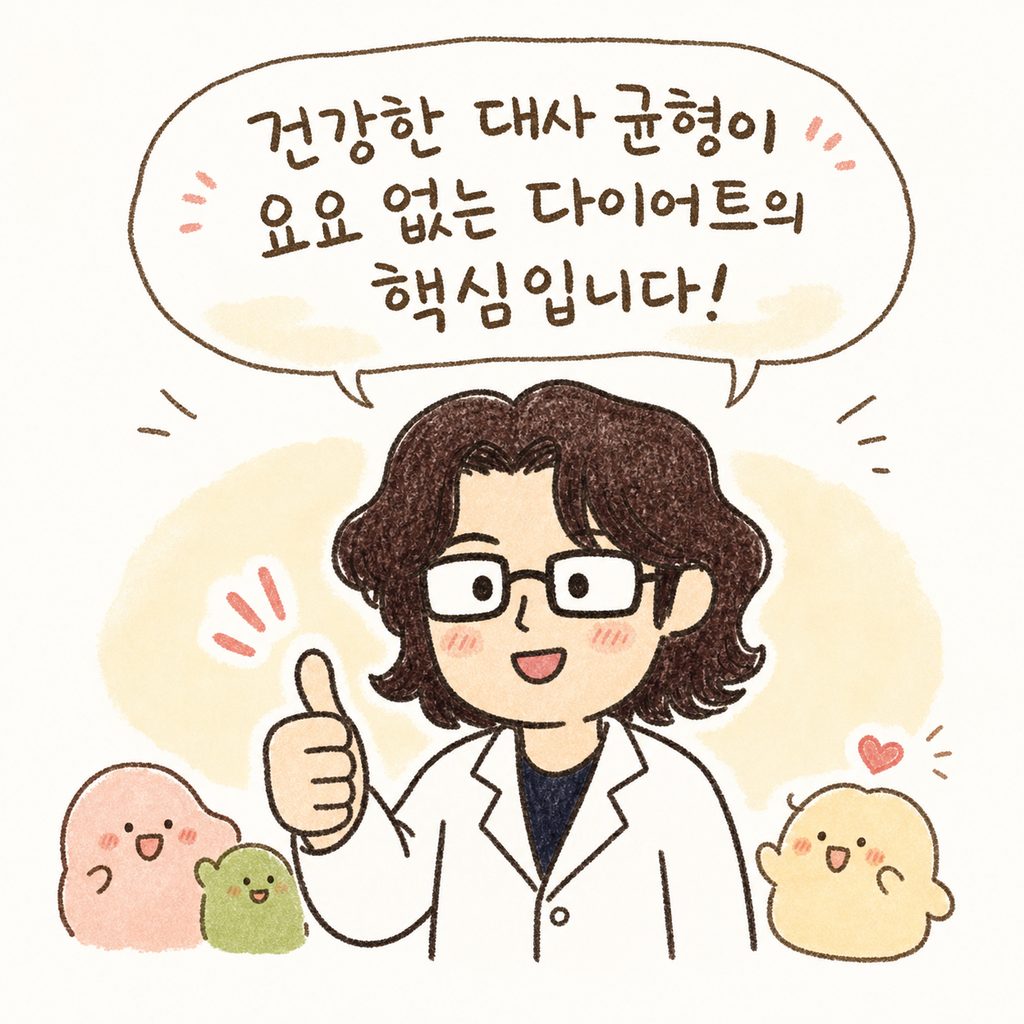 한의사 캐릭터가 따뜻하게 웃으며 엄지손가락을 치켜세우거나 응원하는 제스처를 취하며, 건강한 감량을 강조하는 마무리 컷.