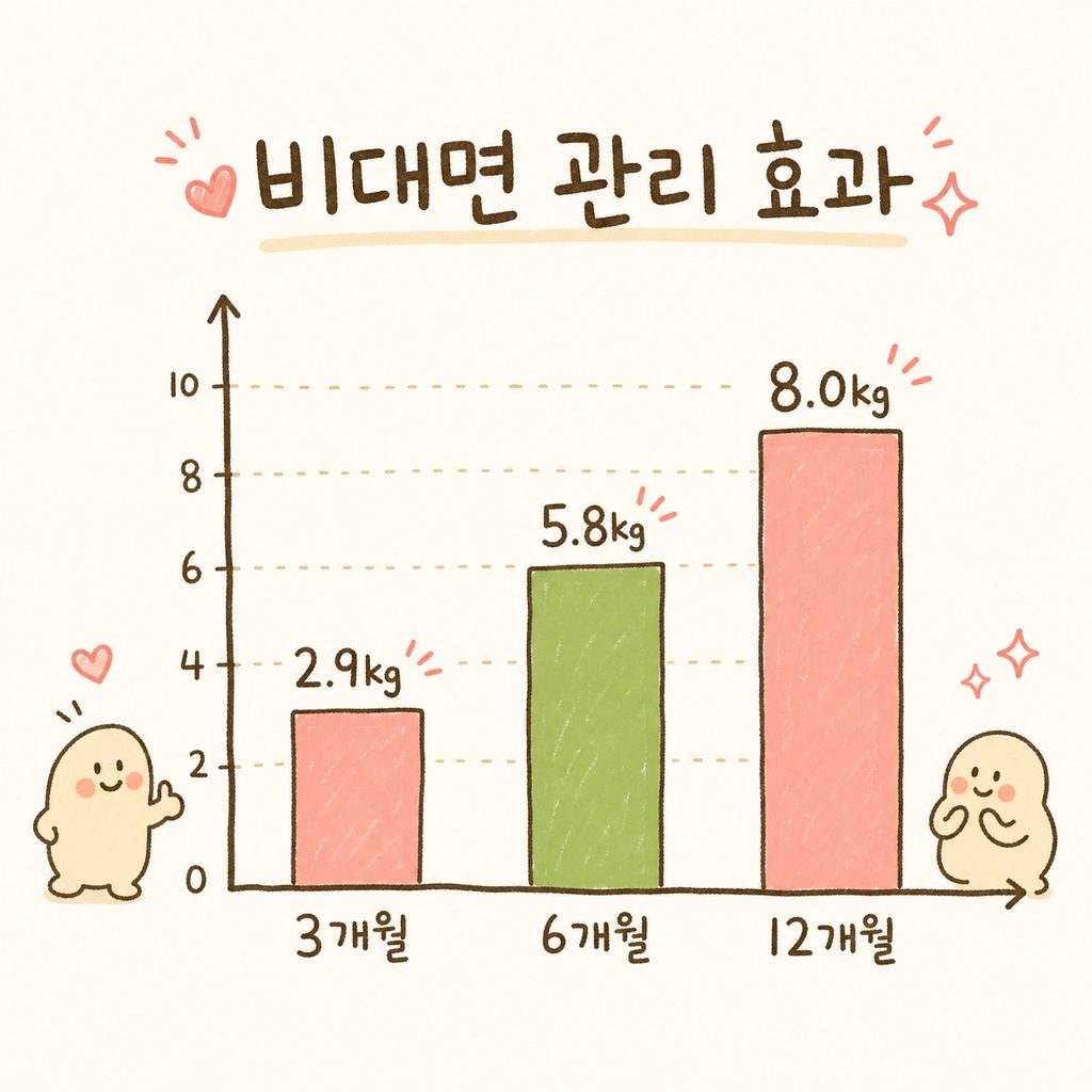 비대면 관리 프로그램의 기간별 체중 감소 수치를 나타내는 우상향 막대 그래프