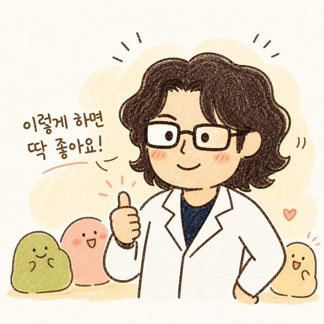 백록담 원장이 본문 내용을 실천한 뒤 만족하거나 마무리 인사를 건네는 리액션 장면.