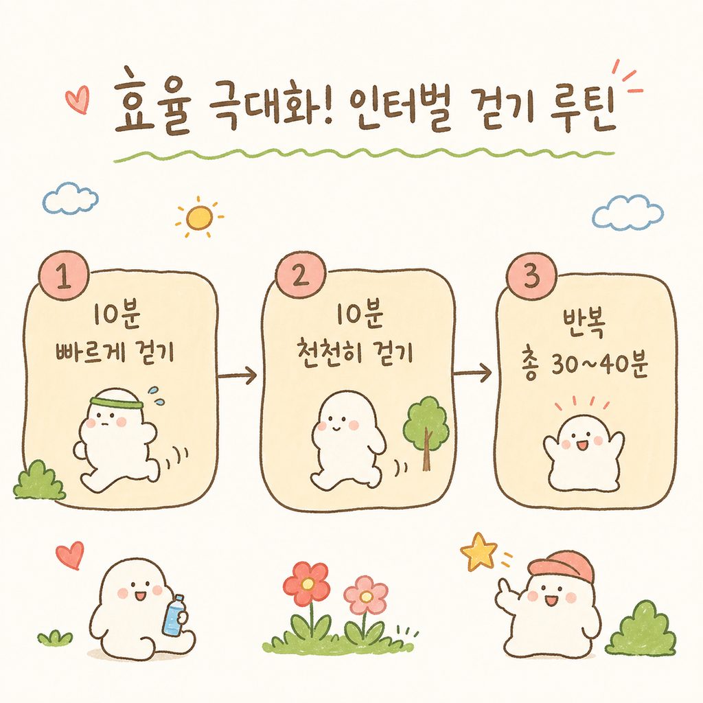 유산소 운동의 효율적인 흐름도: 10분 빠르게 걷기 → 10분 천천히 걷기 → 반복 (총 30~40분)