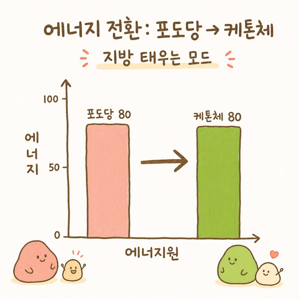 에너지원 변화를 보여주는 단순한 흐름 그래프. 포도당 중심에서 케톤체(지방 연소 모드)로 전환되는 화살표 표기