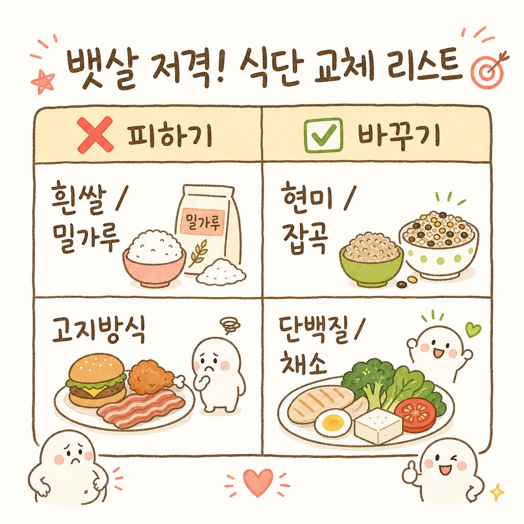 피해야 할 음식과 권장하는 음식을 나눈 비교표: [흰쌀/밀가루 vs 현미/잡곡], [고지방식 vs 단백질/채소]