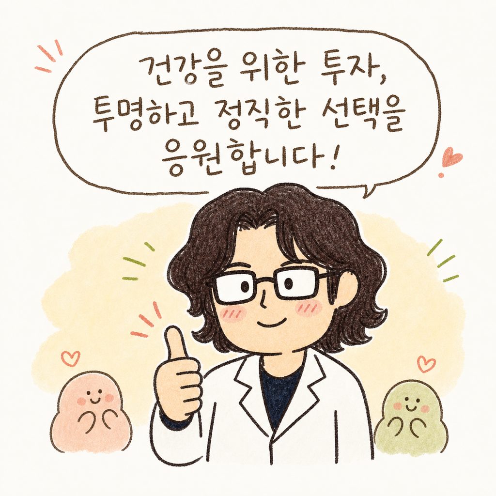 한의사 캐릭터가 엄지손가락을 치켜세우며 자신감 있고 다정한 표정으로 독자를 격려하는 마무리 컷.