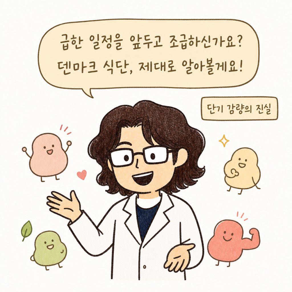 단정한 복장의 의사 캐릭터가 부드러운 미소와 함께 환영하는 포즈로 등장. 배경에는 '단기 감량의 진실'이라는 작은 텍스트 박스가 떠 있음.