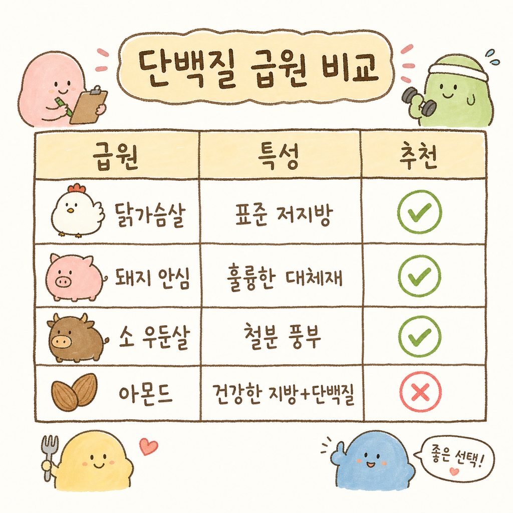 닭가슴살과 대체 가능한 저지방 단백질원을 비교하는 표. 닭가슴살, 돼지 안심, 소 우둔살, 아몬드의 단백질 특성 나열