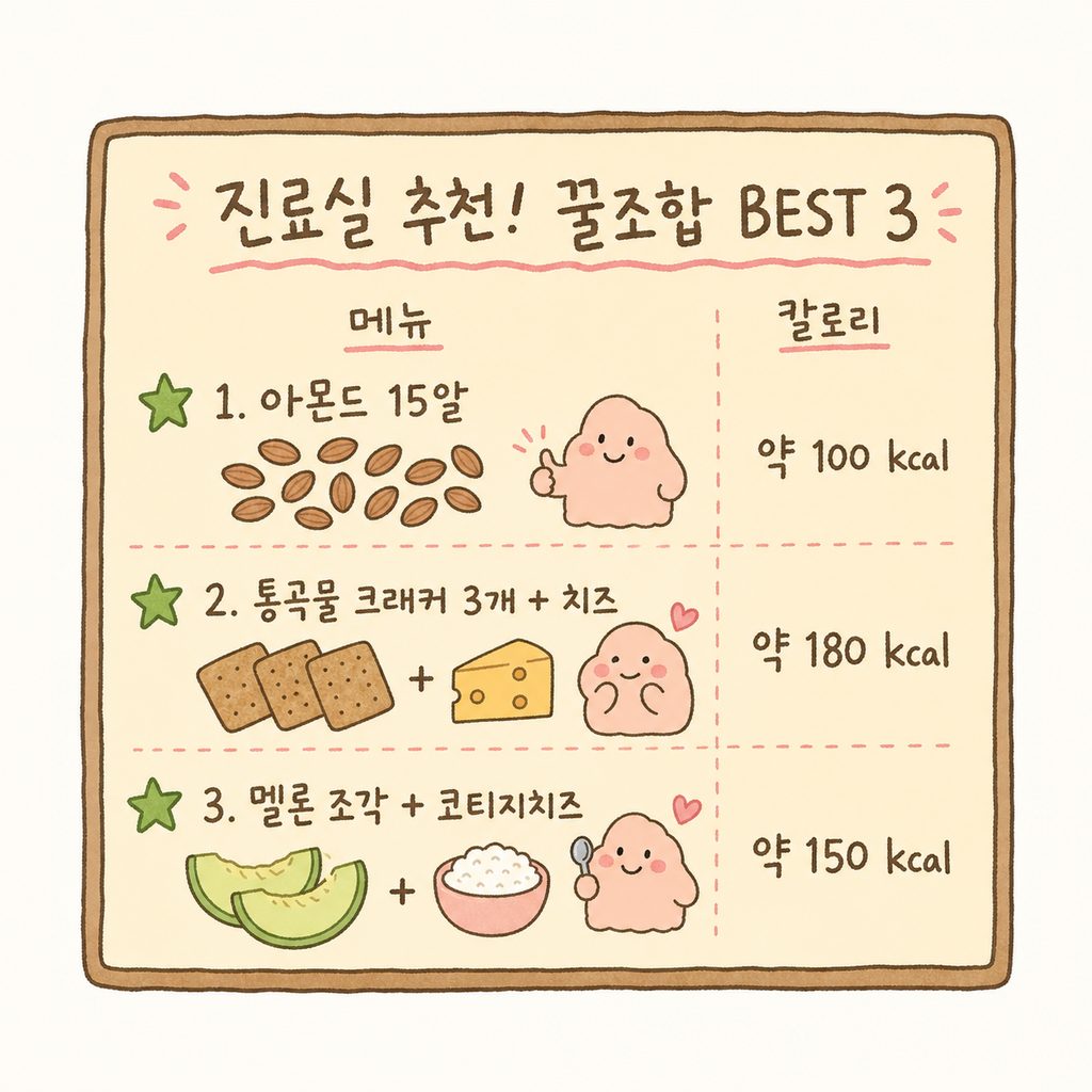 카페 메뉴판 스타일의 디자인. 1. 아몬드 15알, 2. 통곡물 크래커 3개+치즈, 3. 멜론 조각+코티지치즈 세 가지 조합이 깔끔한 리스트로 나열됨.