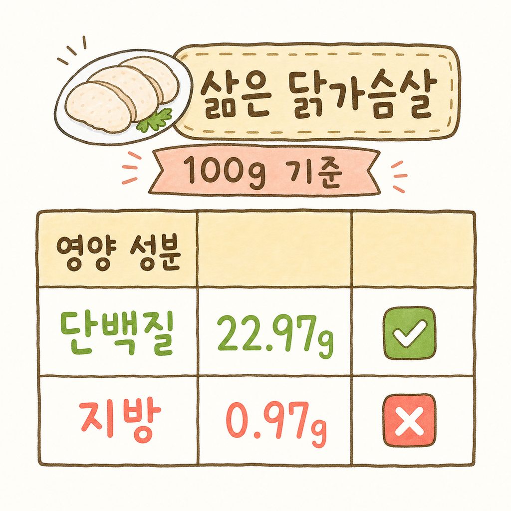 삶은 닭가슴살 100g의 영양 성분을 보여주는 깔끔한 비교 표. 단백질과 지방 함량을 강조하여 시각화
