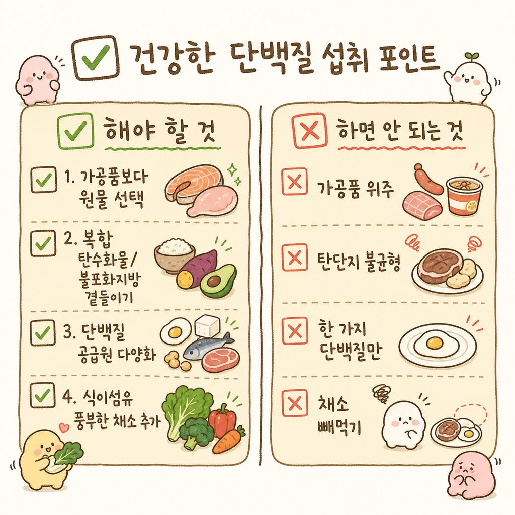 건강한 단백질 섭취를 위한 체크리스트. 원물 선택, 질 좋은 탄단지, 공급원 다양화, 채소 섭취 4가지 항목 배치