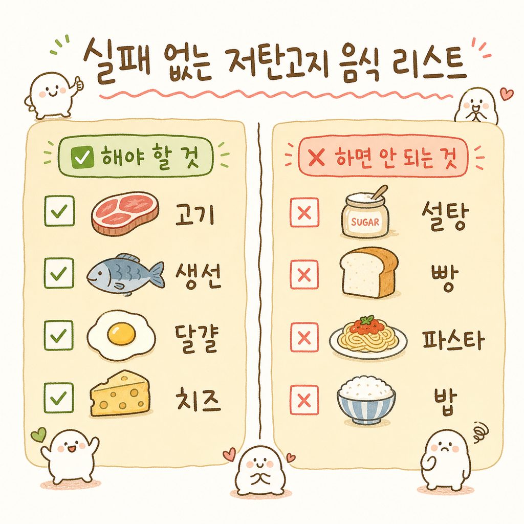 식단 실천 체크리스트. 왼쪽에는 ✅ 권장 음식(고기, 생선, 달걀, 치즈), 오른쪽에는 ✗ 제한 음식(설탕, 빵, 파스타, 밥)을 아이콘과 함께 대조하여 배치