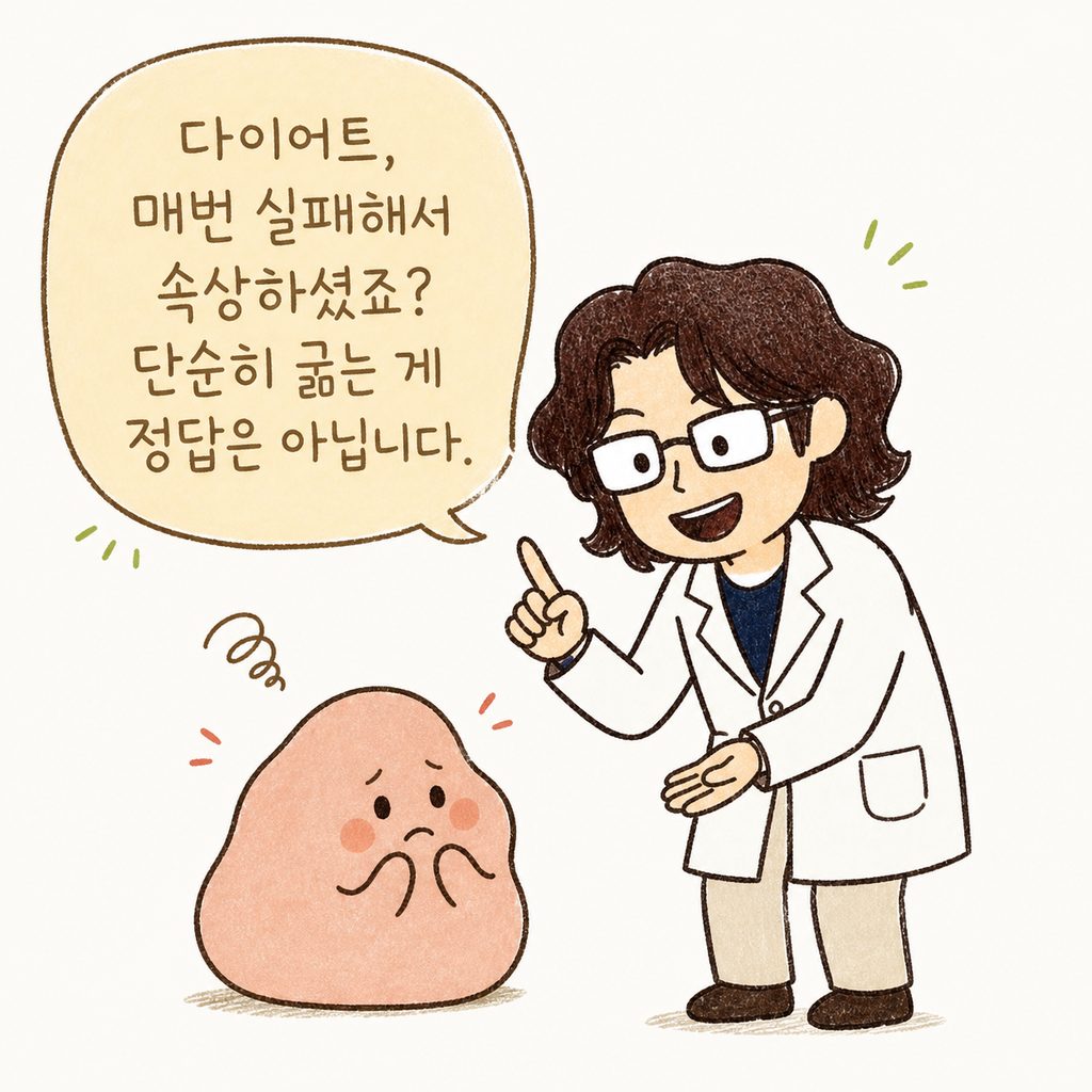 亲切的医生角色正温柔地与面露苦恼的读者交谈,对减肥的困难表示共情
