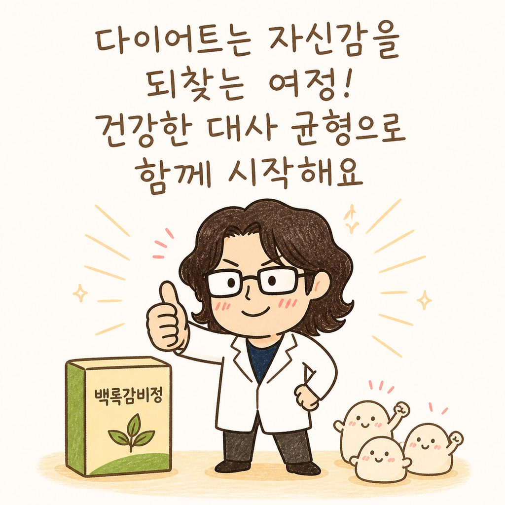 자신감 넘치는 표정으로 당당하게 서 있거나, 백록감비정 패키지를 옆에 두고 엄지척을 하고 있는 희망찬 캐릭터의 모습