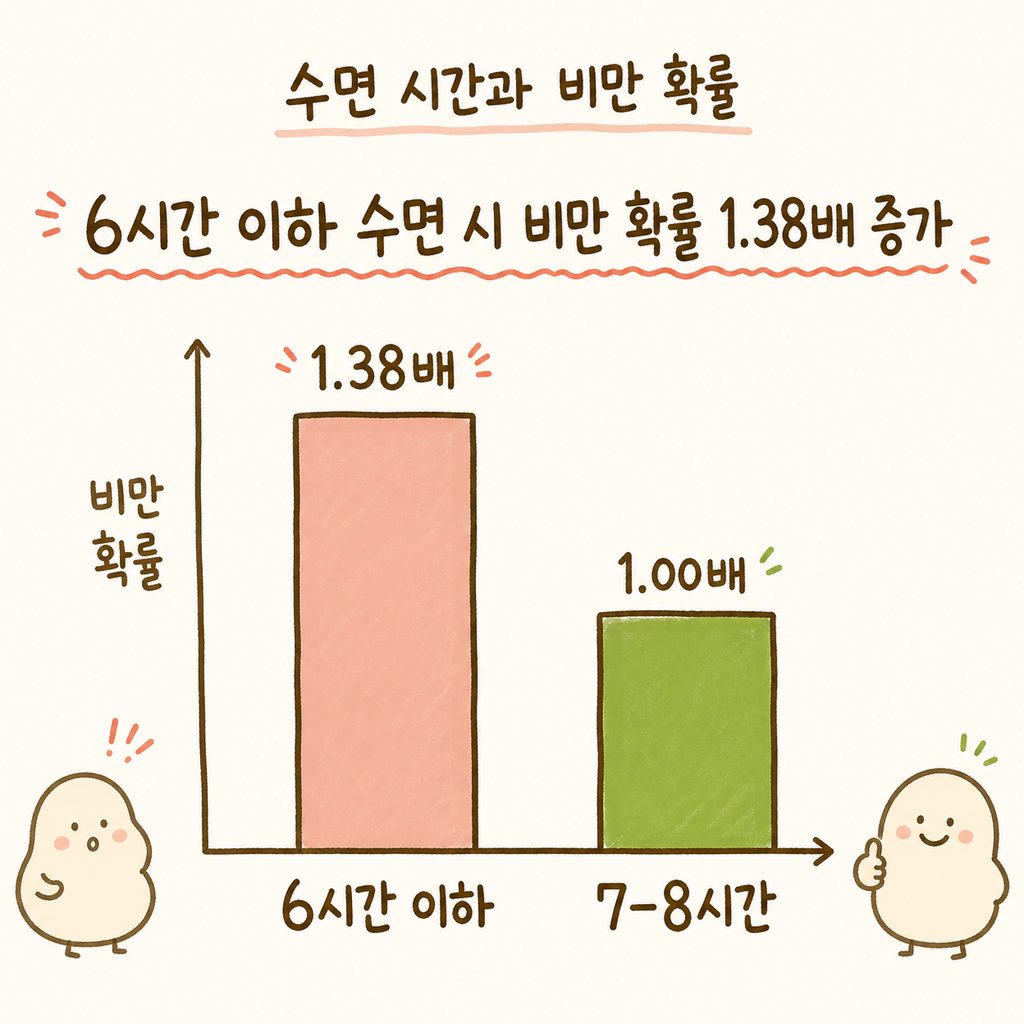 睡眠時間と肥満確率の相関関係を示すシンプルな棒グラフ。7-8時間睡眠グループより6時間以下睡眠グループの棒が高くなっている様子。