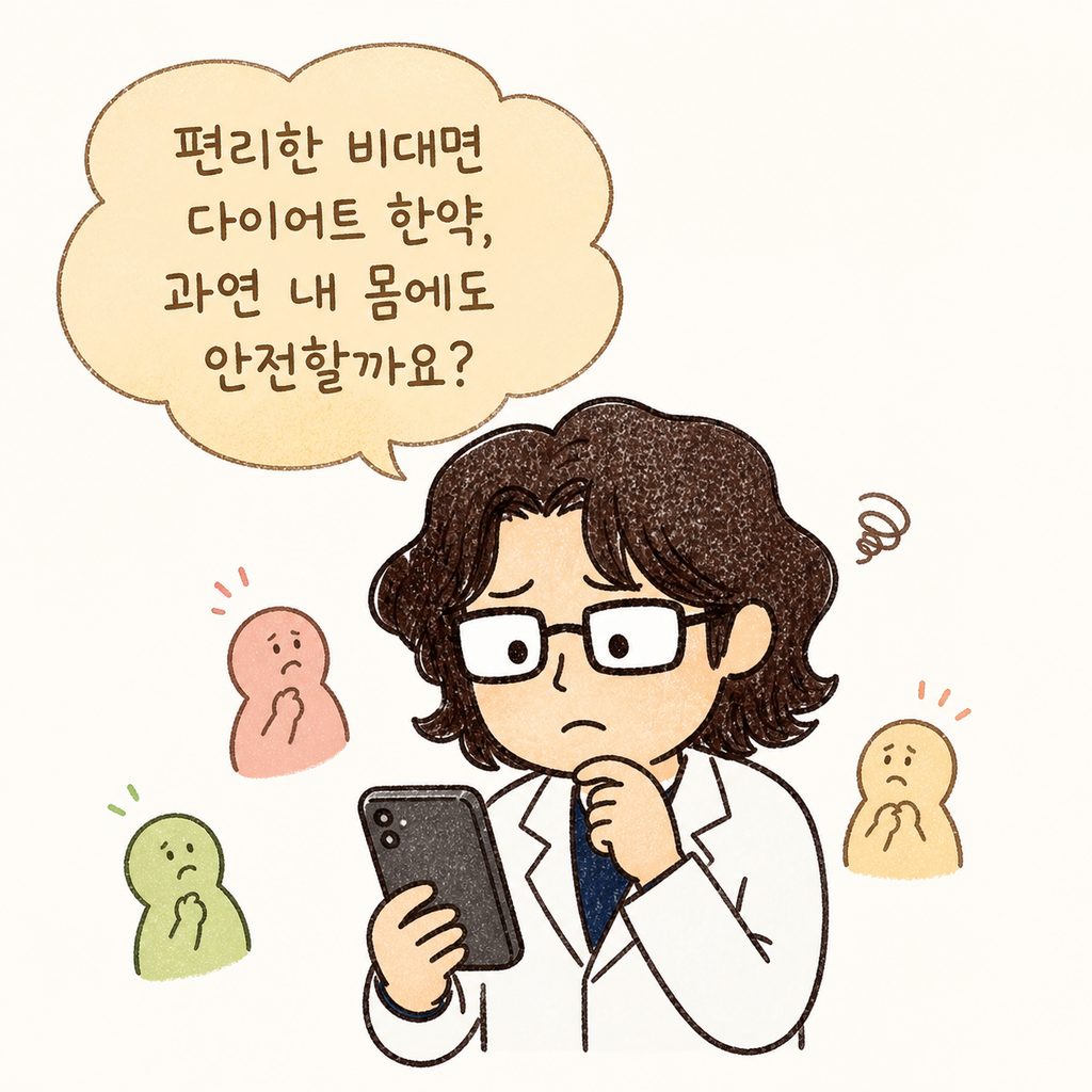 걱정스러운 표정으로 스마트폰을 바라보고 있는 캐릭터가 등장하여 비대면 진료의 편리함과 불안함을 동시에 표현하는 도입부 컷