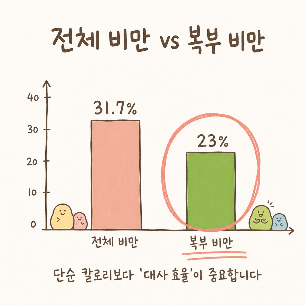 전체 비만 유병률(31.7%)과 복부 비만 유병률(23%)을 비교하는 심플한 막대 그래프. 복부 비만 영역에 강조 표시가 되어 있음