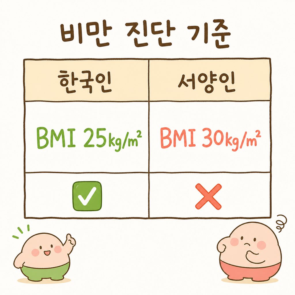 Bảng so sánh đơn giản về điểm chẩn đoán béo phì theo BMI giữa người Hàn Quốc và người phương Tây, trực quan hóa sự khác biệt về chỉ số.