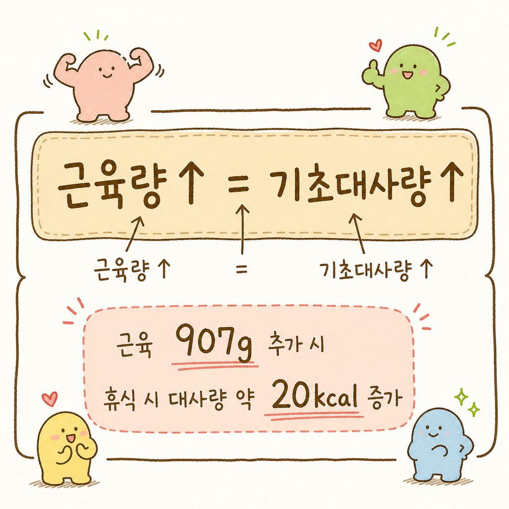 근육량 증가와 기초대사량의 관계를 보여주는 계산 박스. 근육 907g 증가 → 하루 20kcal 추가 소비라는 공식이 명확하게 적혀 있음