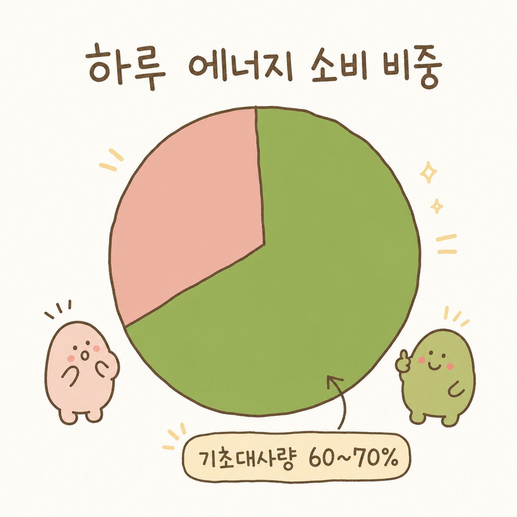 하루 총 에너지 소비량의 구성 비율을 보여주는 원형 차트. 기초대사량이 차지하는 60~70% 영역이 강조되어 색상이 다르게 표시됨.