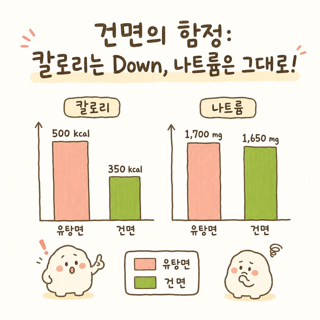 칼로리는 낮아졌지만 나트륨 함량은 그대로인 상태를 보여주는 막대그래프. 칼로리 막대는 확연히 낮지만 나트륨 막대는 유탕면과 비슷한 높이로 그려져 주의를 환기함