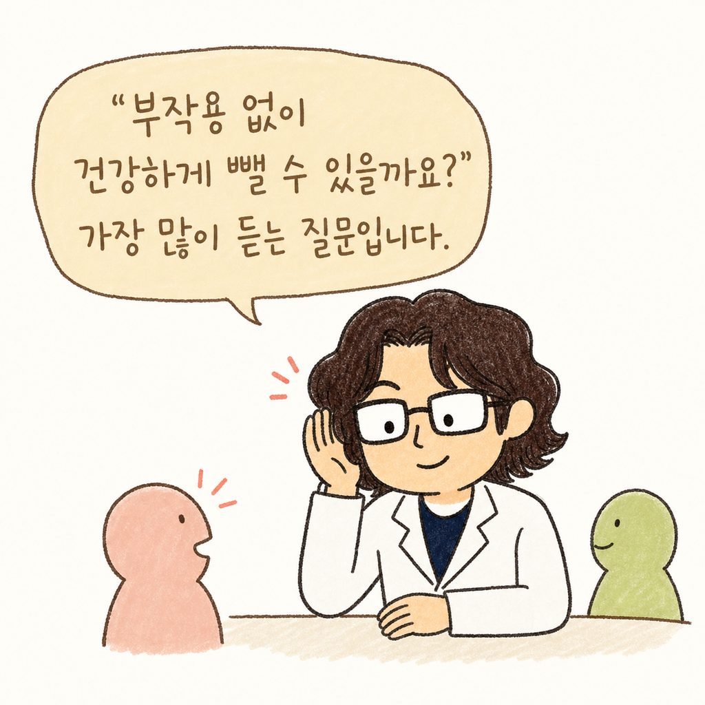 진료실 책상 앞에 앉아 인자한 미소로 환자의 고민을 들어주는 한의사 캐릭터의 상반신 모습.