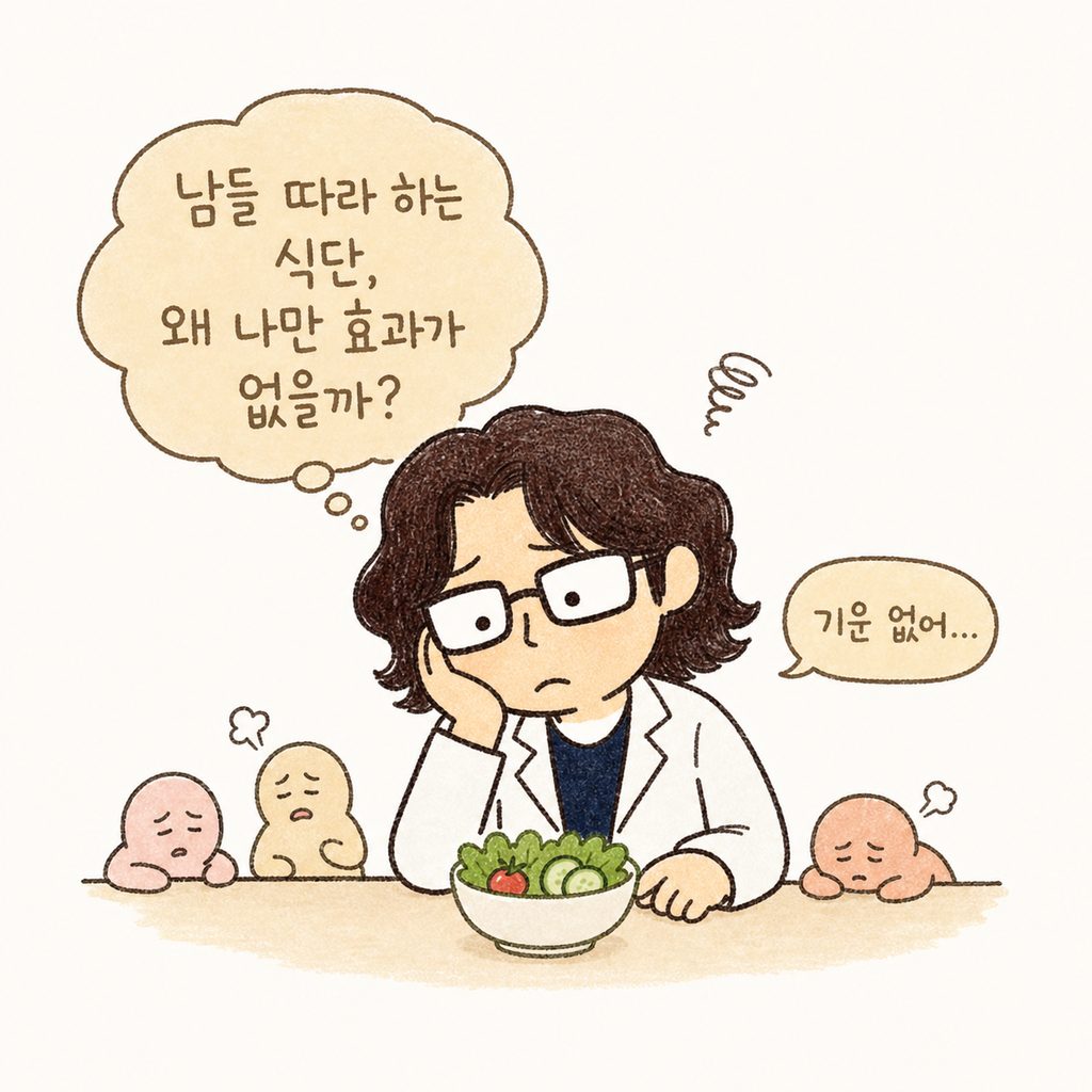 귀여운 캐릭터가 기운 없이 축 처진 모습으로 다이어트 식단(샐러드)을 바라보며 고민에 빠져 있는 모습. 주변에 '기운 없어...'라는 작은 말풍선이 있음.