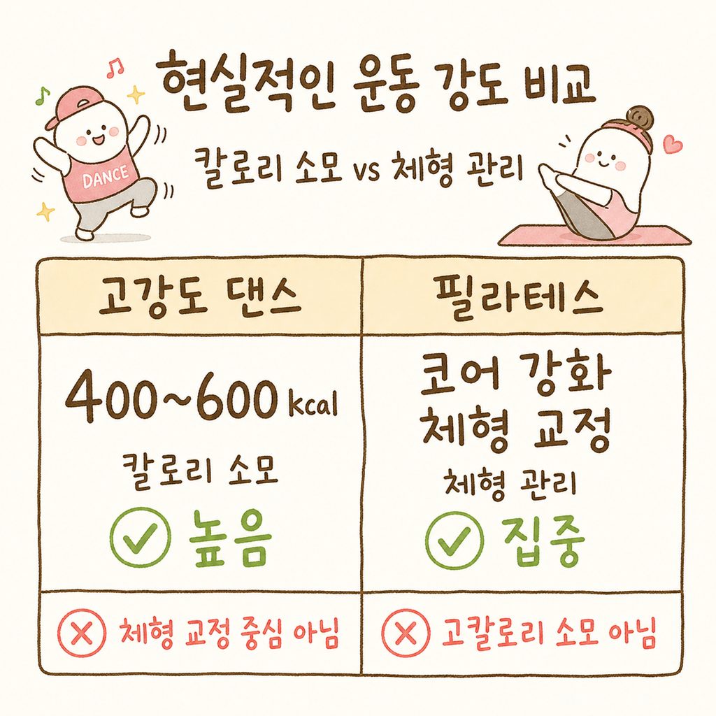 比较不同运动强度下卡路里消耗量的表格。[高强度舞蹈：400-600kcal] vs [普拉提：以核心强化及体型矫正为中心]