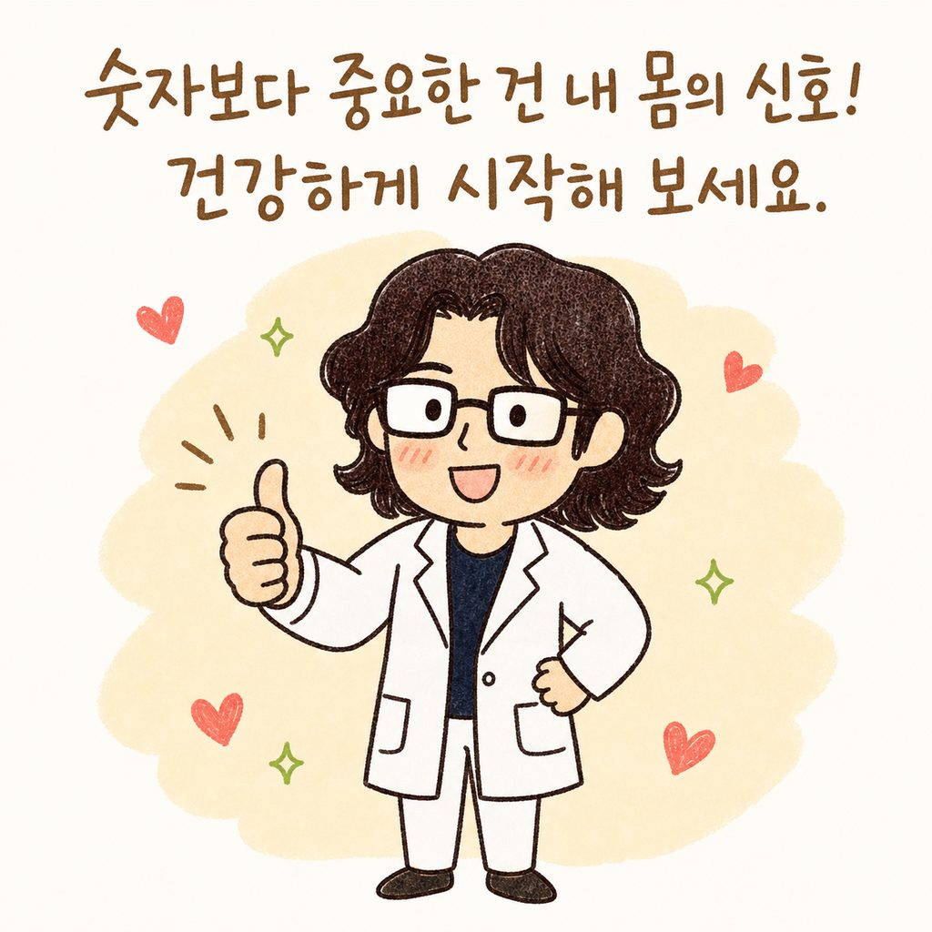 의사 캐릭터가 엄지손가락을 치켜세우며 응원하는 모습. 주변에 작은 하트나 반짝이는 효과가 있어 긍정적이고 격려하는 분위기.