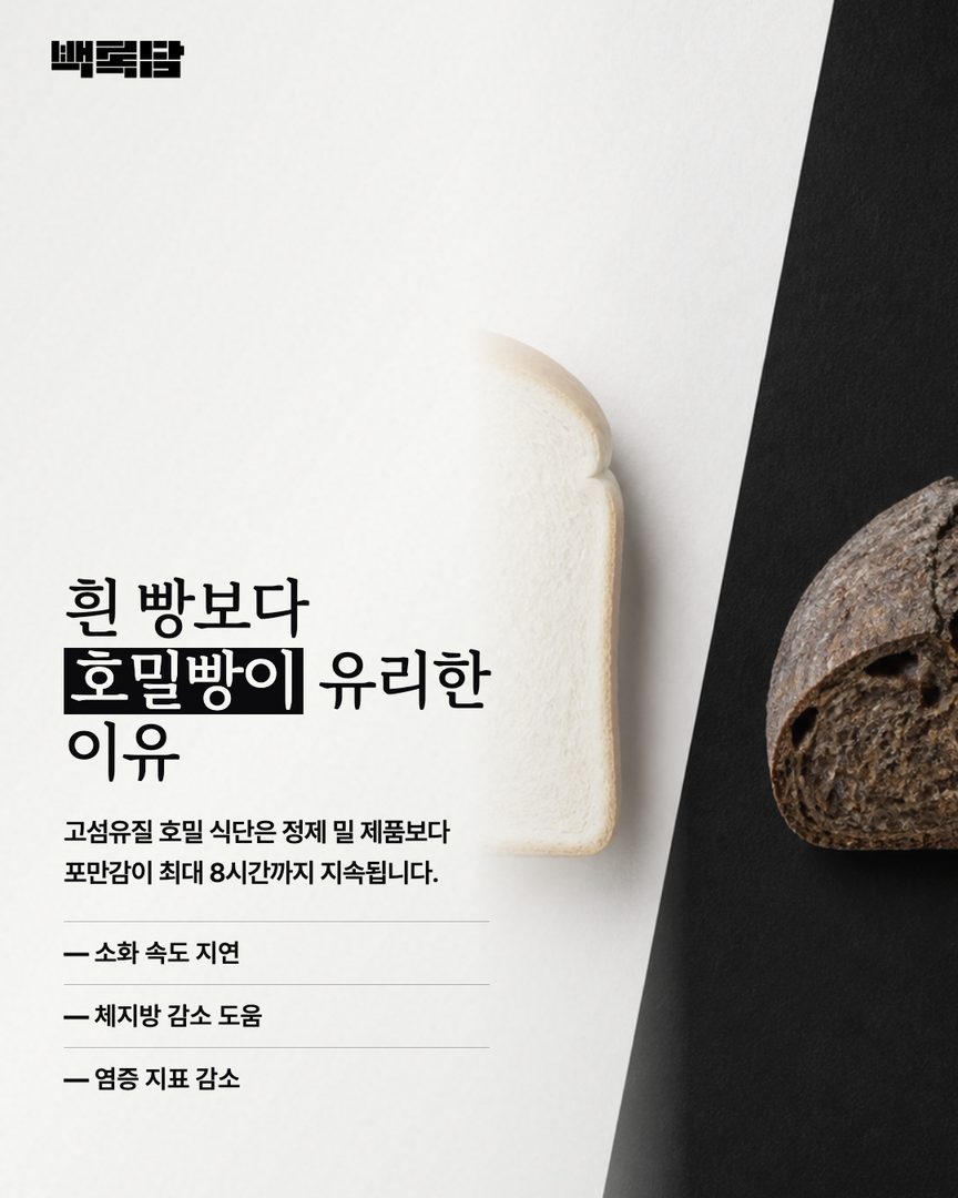 왼쪽에는 하얗고 매끄러운 식빵, 오른쪽에는 거칠고 어두운 색의 호밀빵을 배치하여 시각적으로 대비시킨 비교 컷