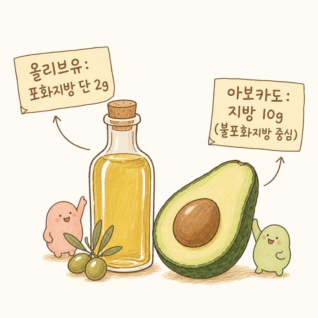 Hình ảnh chai dầu ô liu và lát cắt quả bơ với các mũi tên và nhãn chỉ ra thành phần dinh dưỡng chính