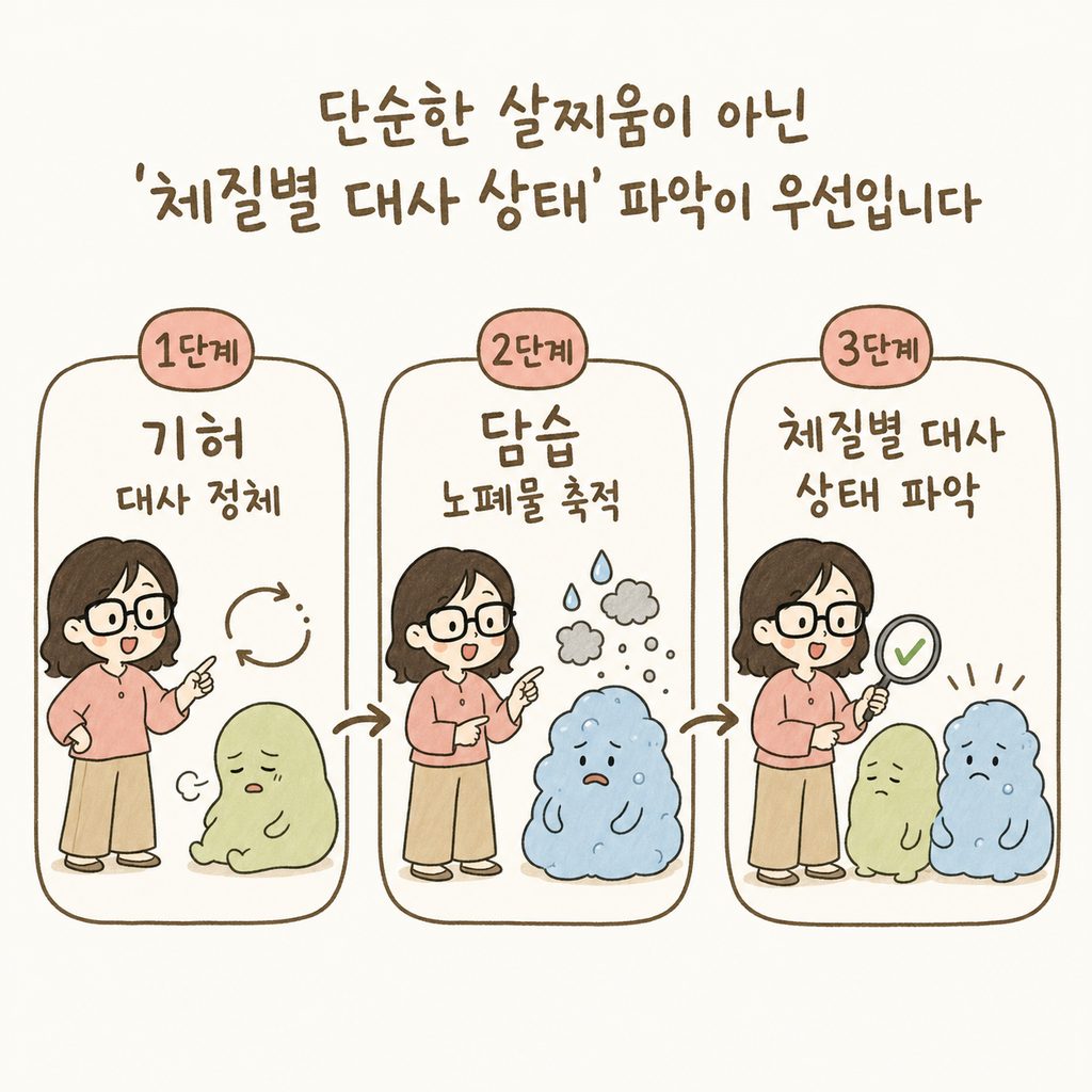 한의사 캐릭터가 체질별 비만 유형을 설명하는 모습. 1단계: 기 허(대사 정체), 2단계: 담습(노폐물 축적)을 아이콘으로 표시