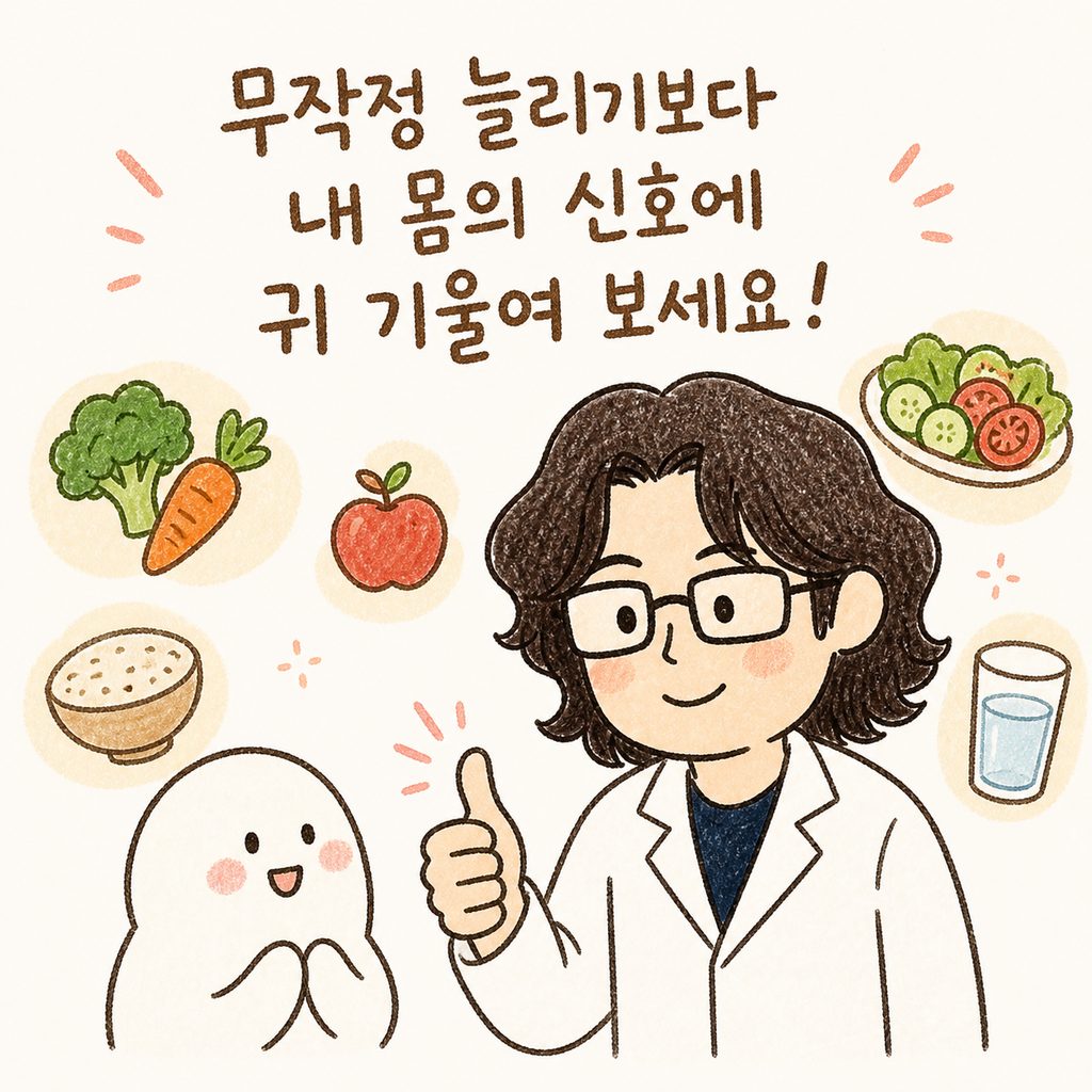 의사 캐릭터가 환자에게 따뜻한 응원의 미소를 지으며 엄지를 치켜세우는 모습. 배경에는 건강한 식단 아이콘들이 떠 있음