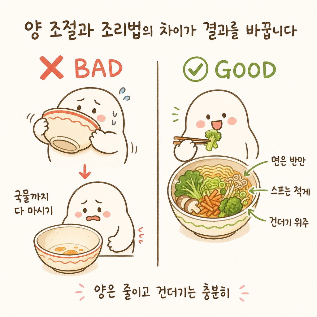 라면 섭취 방법의 Before/After 비교. (X) 국물까지 다 마시는 일반 라면 vs (O) 면을 반만 넣고 스프 양을 줄인 뒤 건더기 위주로 먹는 건강한 조리법