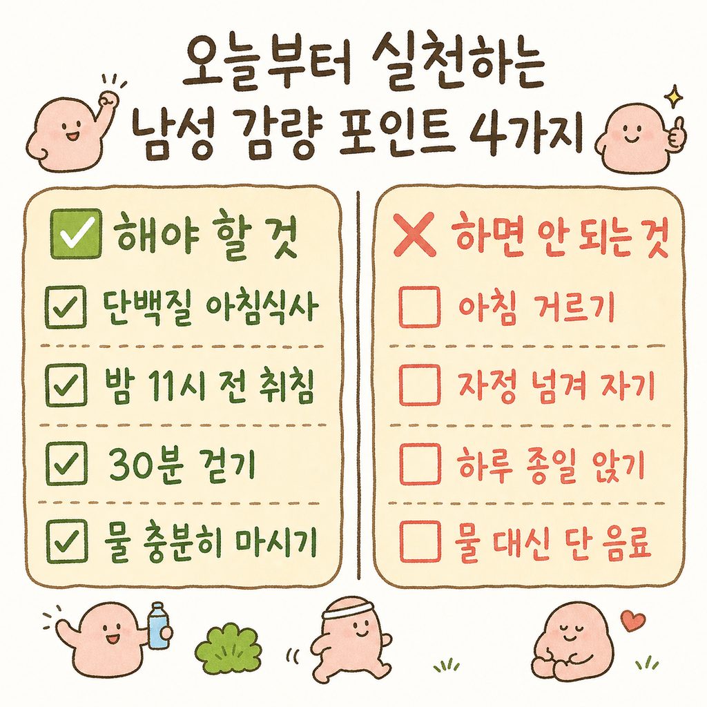 A checklist with 4 key points for daily practice: Protein breakfast, Sleep before 11 PM, 30-min walk