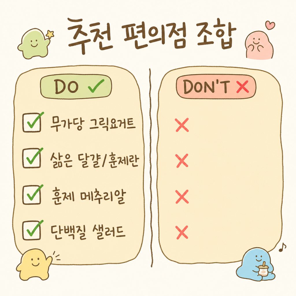 Danh sách 4 loại thực phẩm giảm cân khuyên dùng tại cửa hàng tiện lợi dưới dạng checklist: [Sữa chua Hy Lạp không đường, Trứng luộc, Trứng cút xông khói, Salad tươi] với dấu tích xanh bên cạnh.