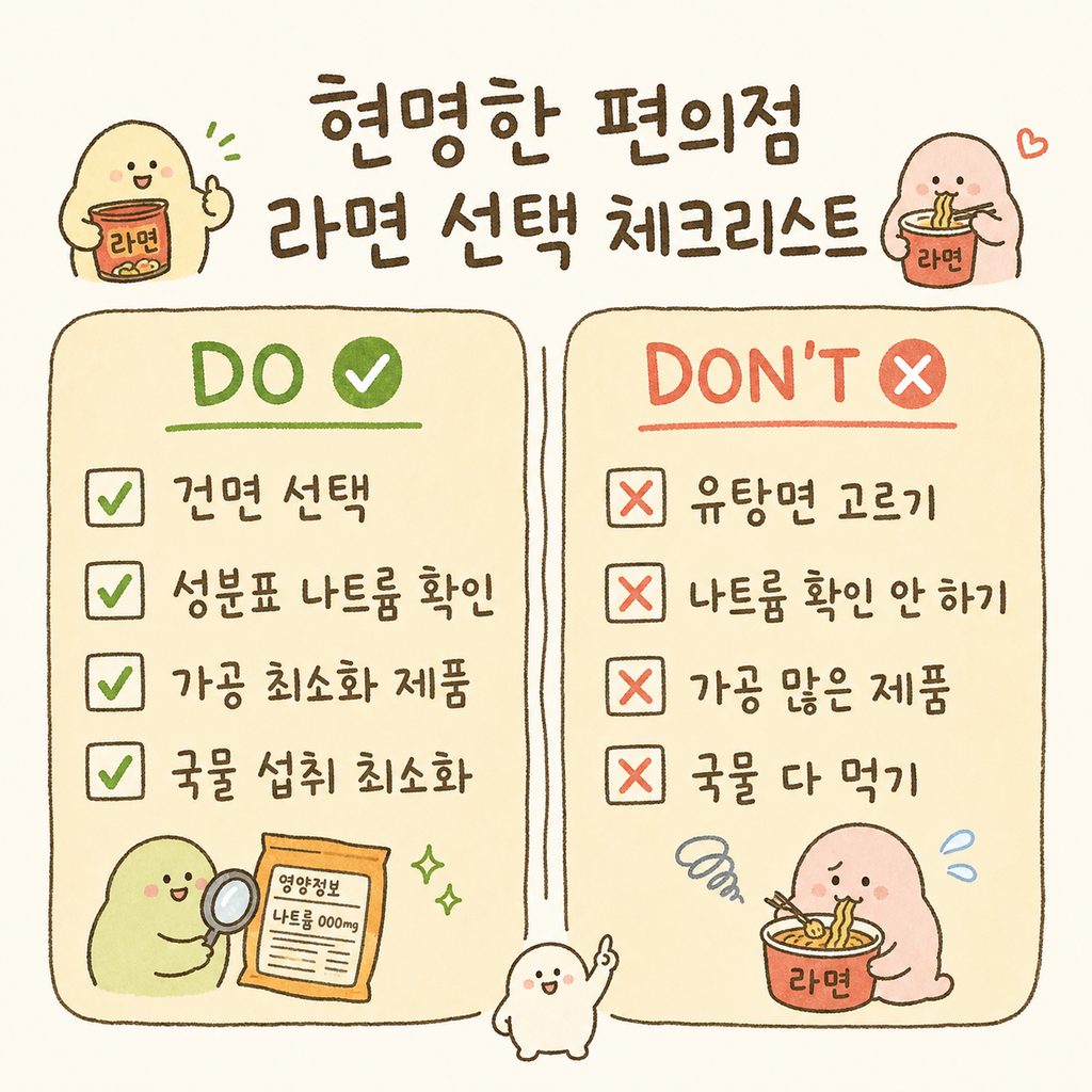편의점에서 라면 고를 때 확인해야 할 체크리스트. ✅건면 선택, ✅성분표 나트륨 확인, ✅가공 최소화 제품, ✅국물 섭취 최소화 4가지 항목