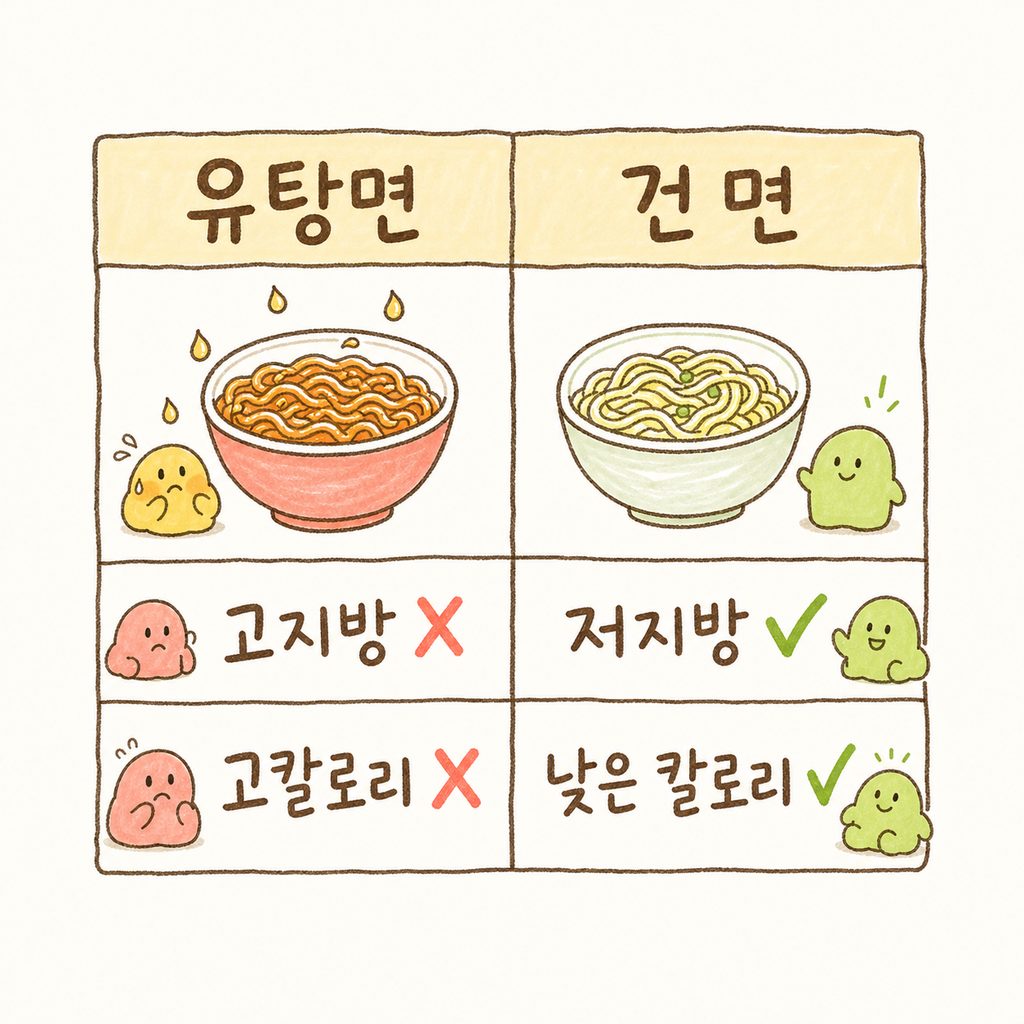 유탕면과 건면의 특징을 비교하는 깔끔한 2열 표. 유탕면은 기름진 느낌, 건면은 담백한 느낌의 아이콘을 곁들여 칼로리와 지방 함량 차이를 시각화