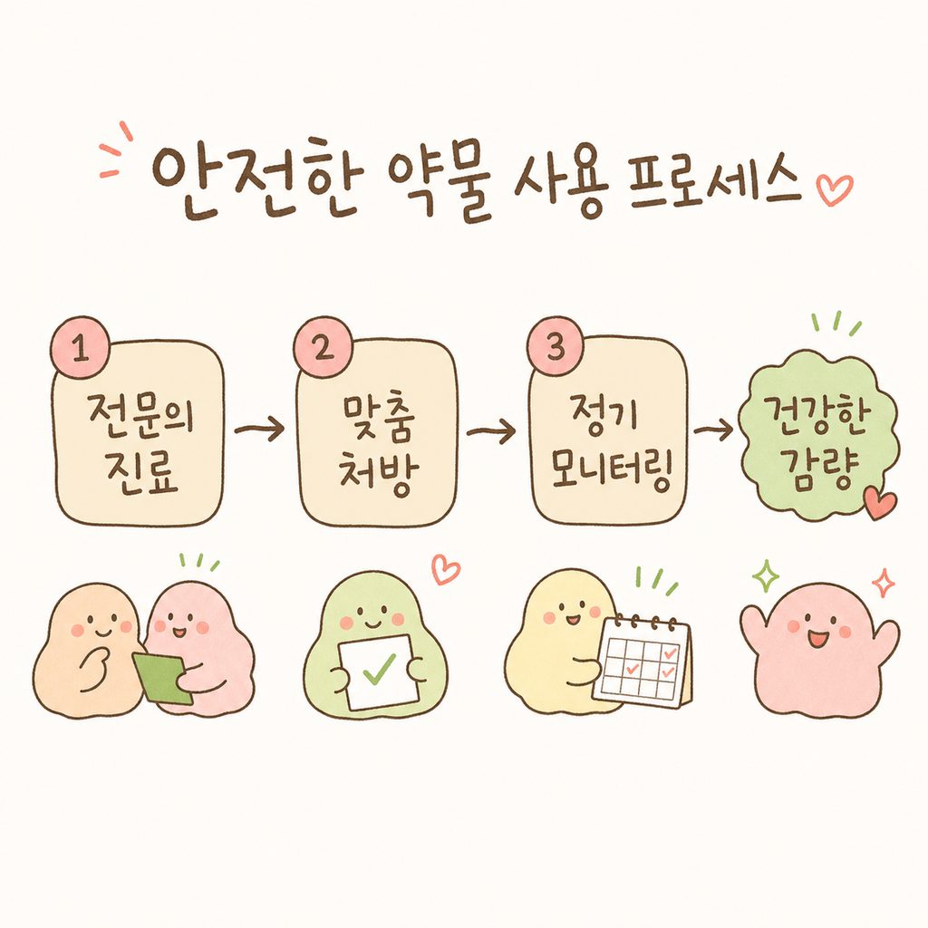 A simple flow chart showing the correct path for using diet medication: Diagnosis → Prescription → M