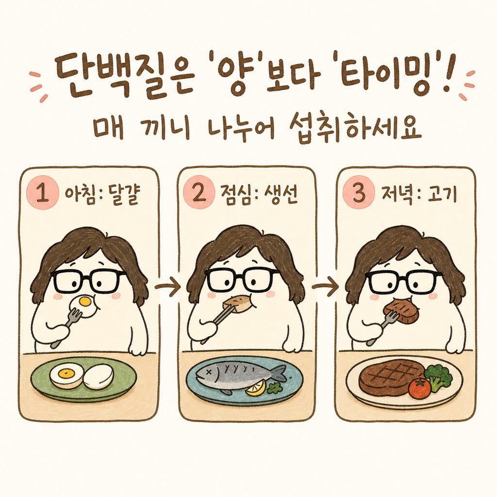 角色在早、中、晚三餐中均匀分配蛋白质(鸡蛋、鱼、肉)的3步骤序列图