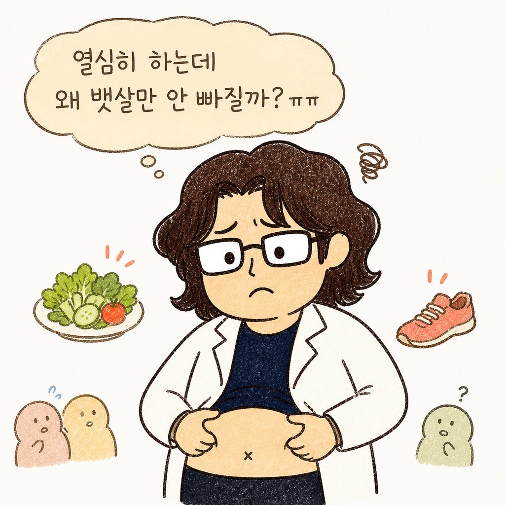 식단과 운동을 열심히 하지만 배를 만지며 답답해하는 표정의 캐릭터가 등장하여 공감을 유도하는 장면